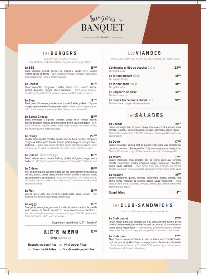 menu burgers et viandes du restaurant burger's banquet 13001 marseille