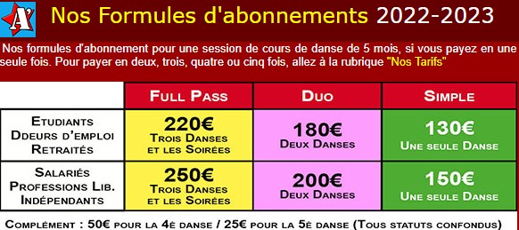 tarif des cours de danse d'A'latica, association de salsa, rock, kizomba, bachata à Bordeaux Pessac en Gironde