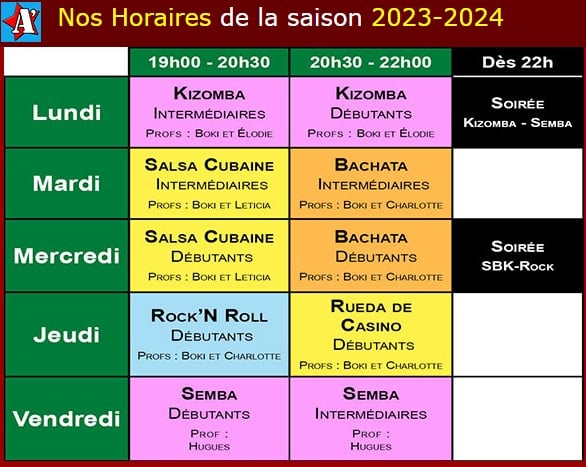 Cours collectifs et soirées, découvrez le planning de l’école de danse A’LatiCa Bordeaux - saison 2023-2024 